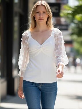 Elegant White Women's Top with Sheer Sleeves